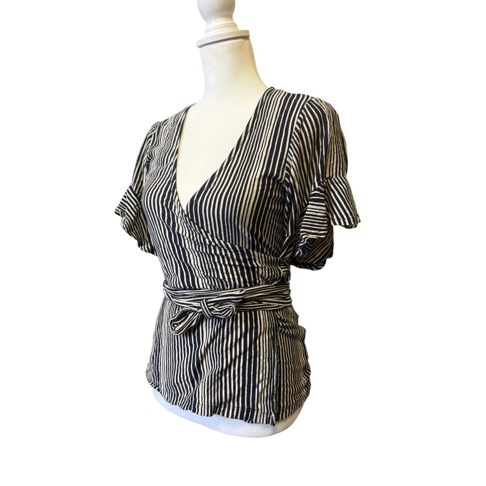 Free people womens M black and cream striped wrap top flutter sleeve tie waist